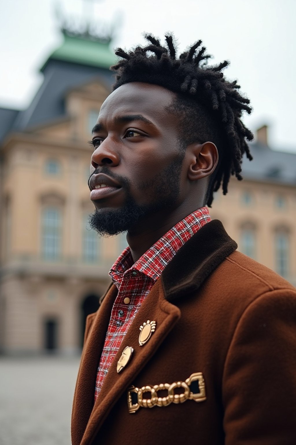 dignified and traditional man in Stockholm wearing a Swedish folkdräkt, Stockholm Palace in the background