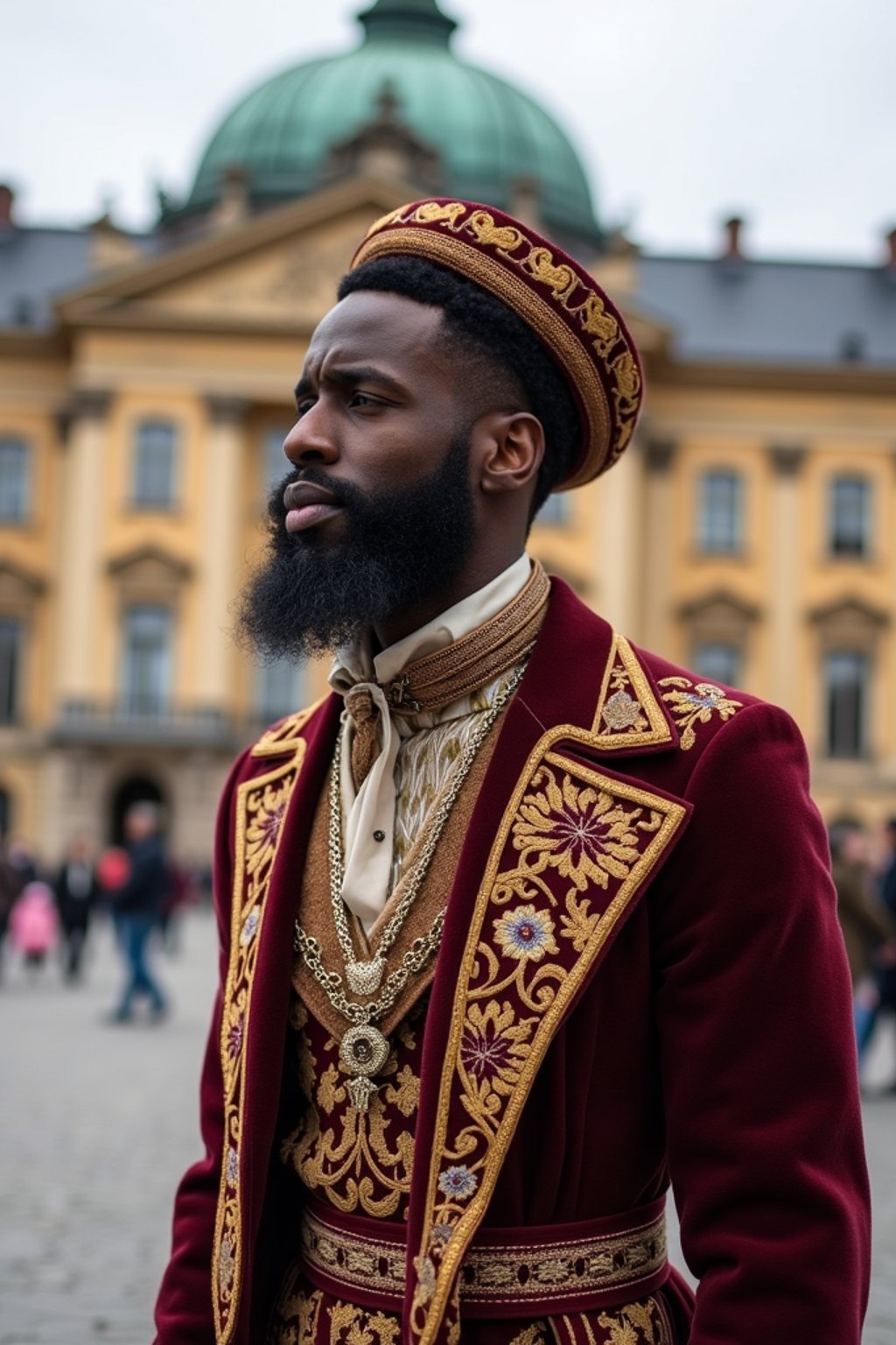 dignified and traditional man in Stockholm wearing a Swedish folkdräkt, Stockholm Palace in the background