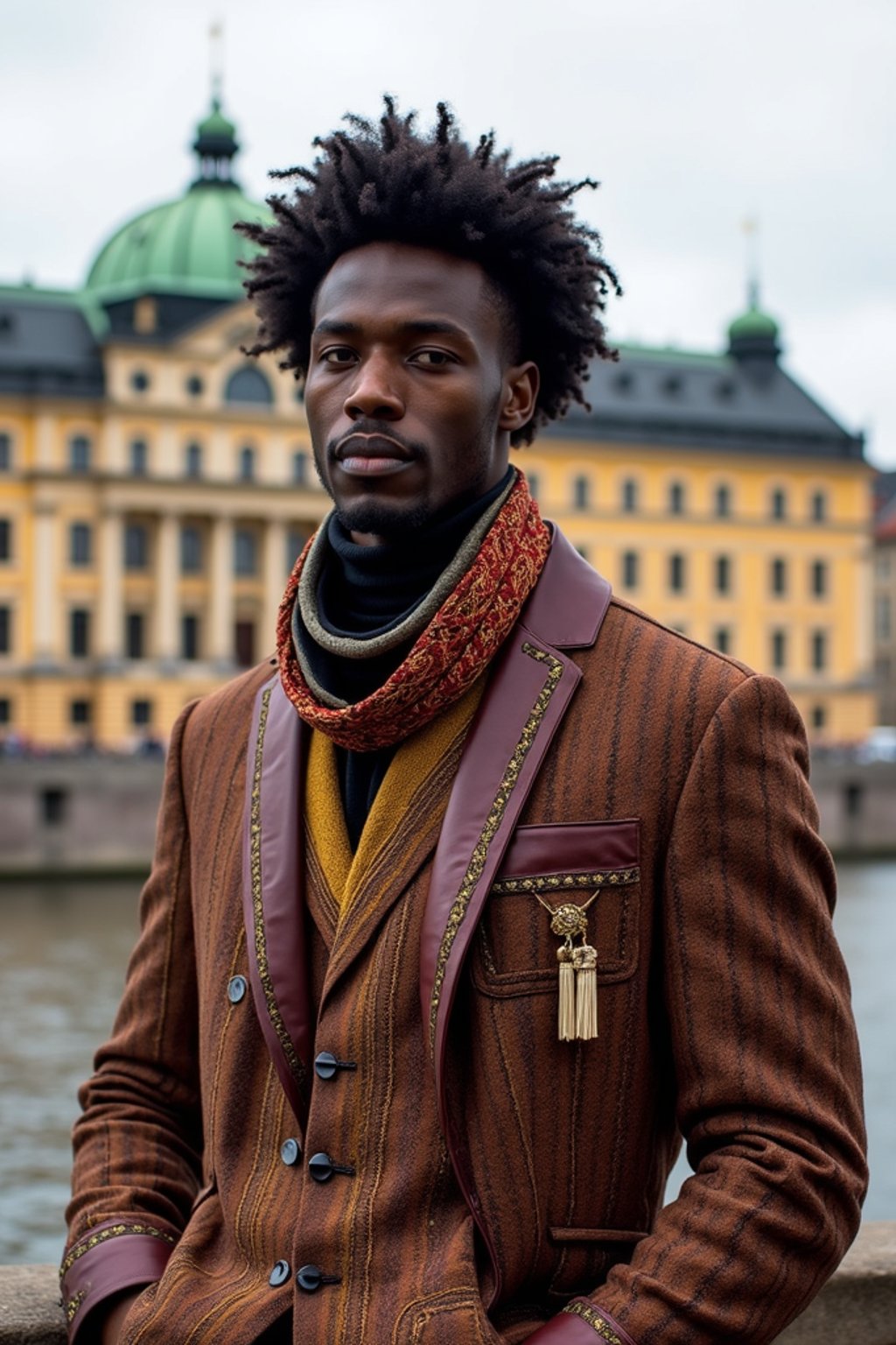 dignified and traditional man in Stockholm wearing a Swedish folkdräkt, Stockholm Palace in the background