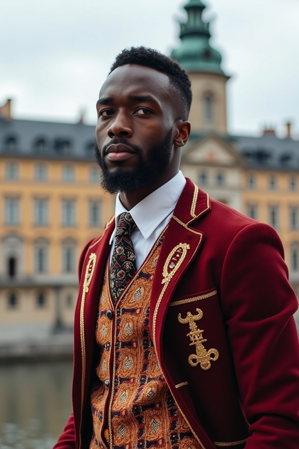 dignified and traditional man in Stockholm wearing a Swedish folkdräkt, Stockholm Palace in the background