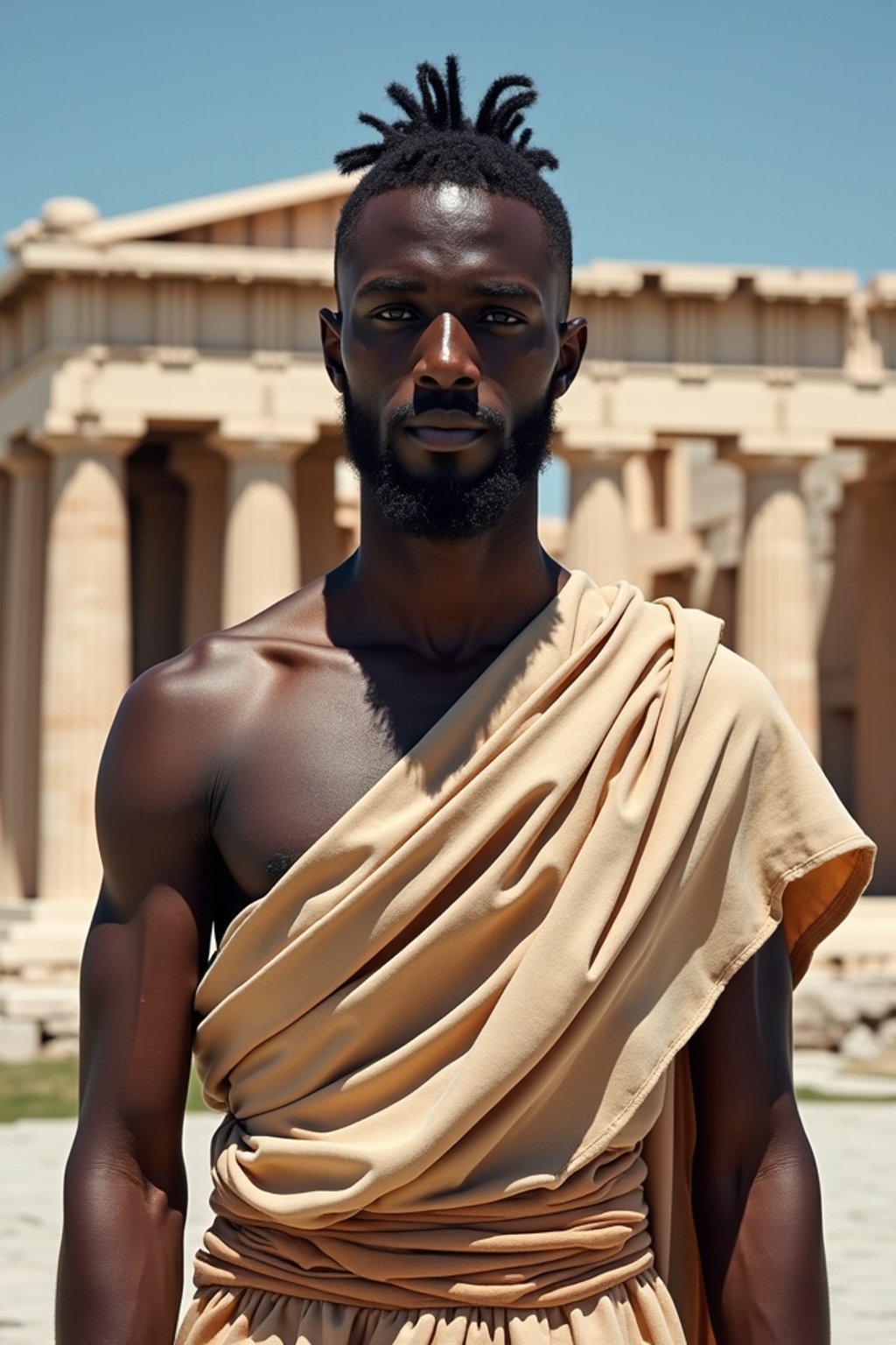 impressive and traditional man in Athens wearing a traditional Evzone uniform/Amalia dress, Parthenon in the background