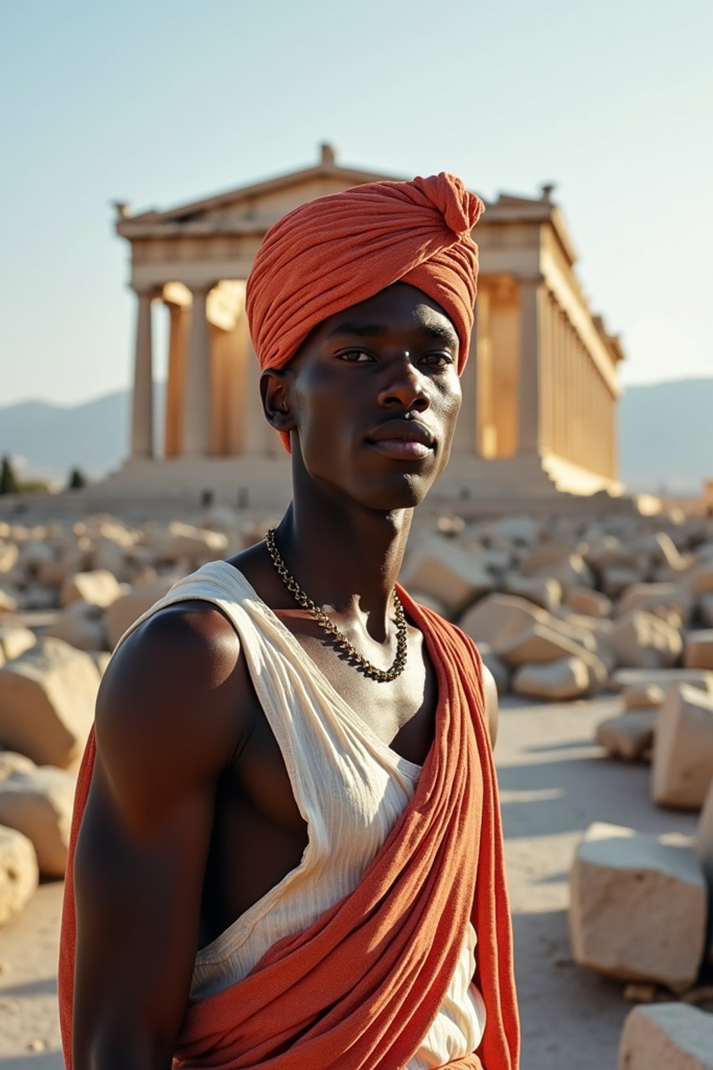 impressive and traditional man in Athens wearing a traditional Evzone uniform/Amalia dress, Parthenon in the background