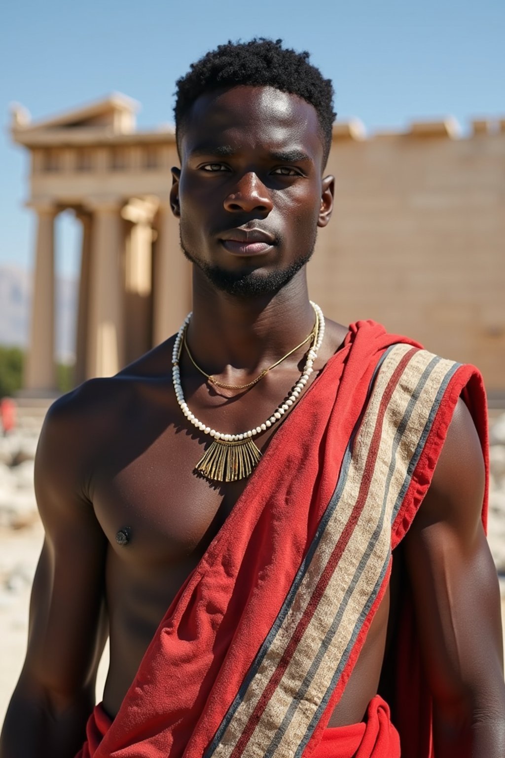 impressive and traditional man in Athens wearing a traditional Evzone uniform/Amalia dress, Parthenon in the background