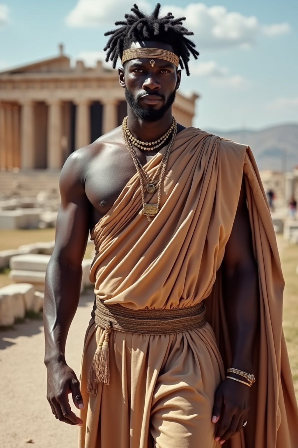 impressive and traditional man in Athens wearing a traditional Evzone uniform/Amalia dress, Parthenon in the background