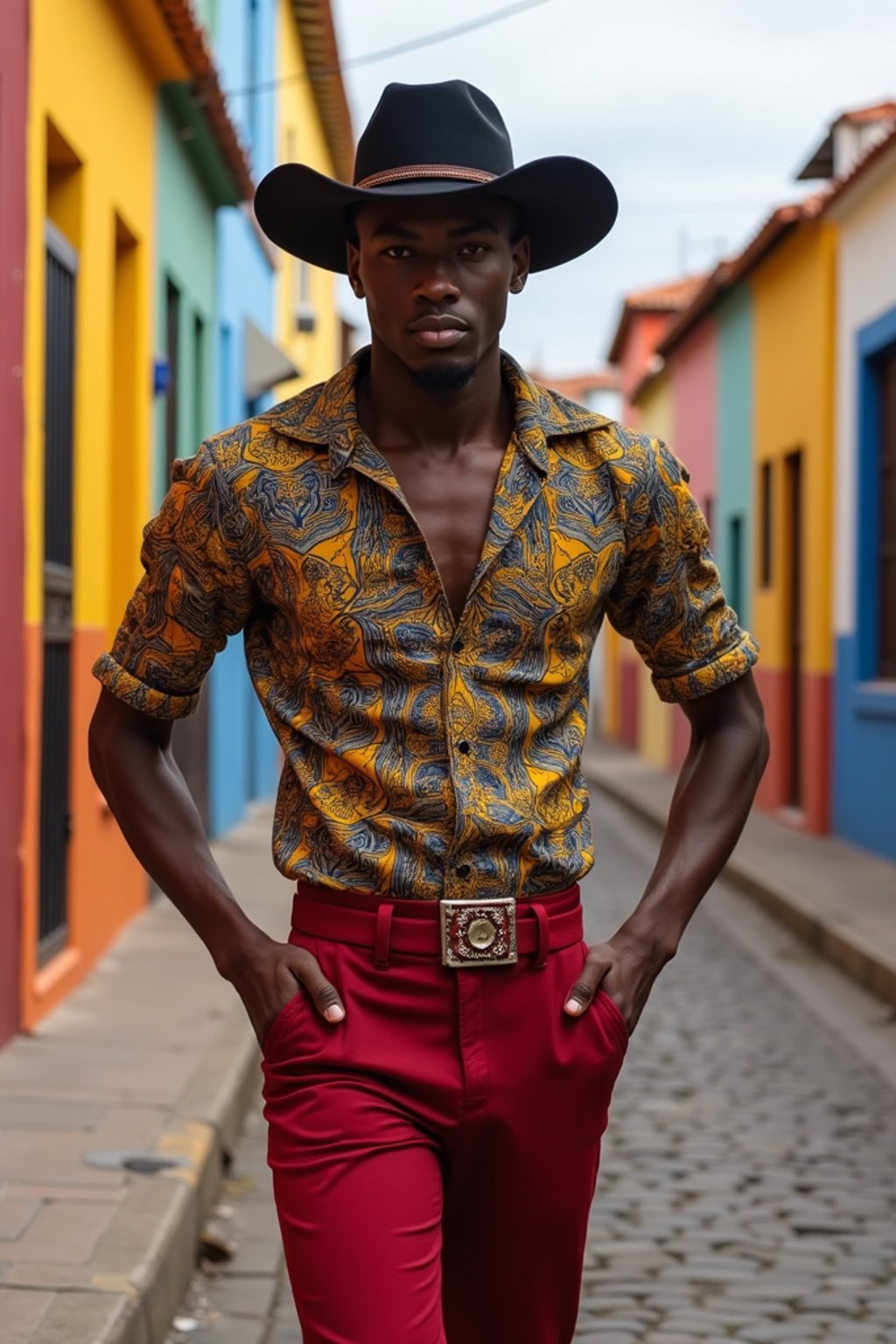 classy and traditional man in Buenos Aires wearing a tango dress/gaucho attire, colorful houses of La Boca neighborhood in the background