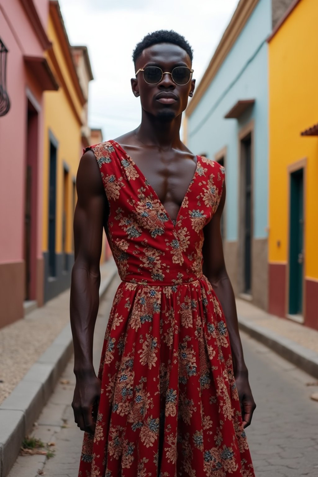 classy and traditional man in Buenos Aires wearing a tango dress/gaucho attire, colorful houses of La Boca neighborhood in the background