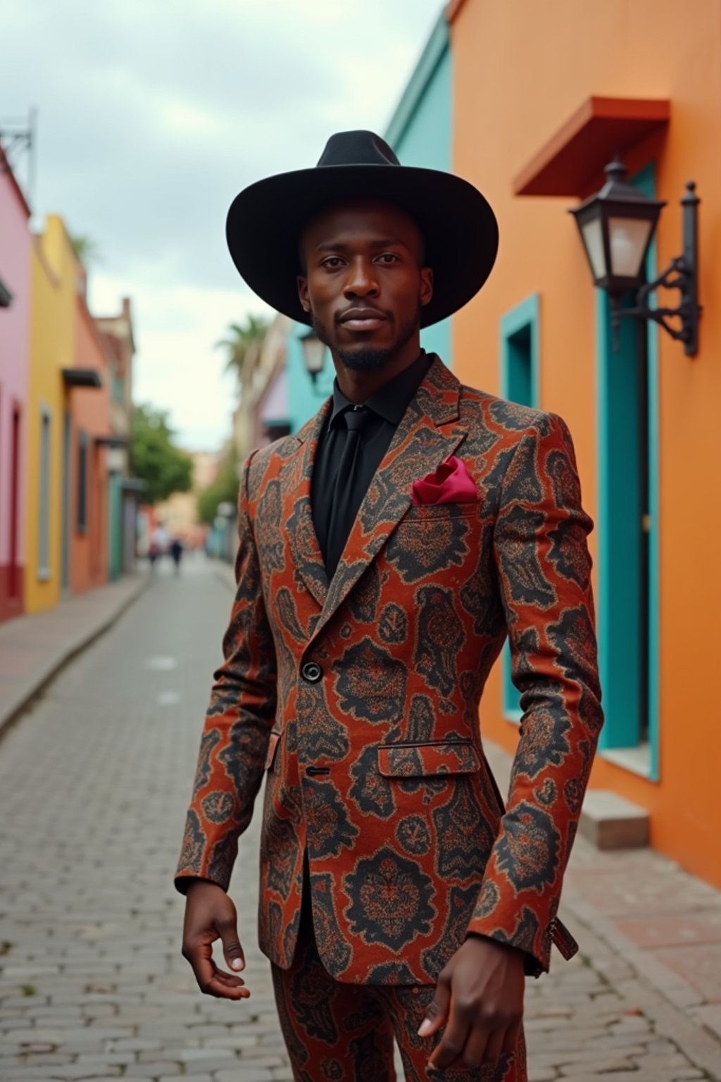 classy and traditional man in Buenos Aires wearing a tango dress/gaucho attire, colorful houses of La Boca neighborhood in the background