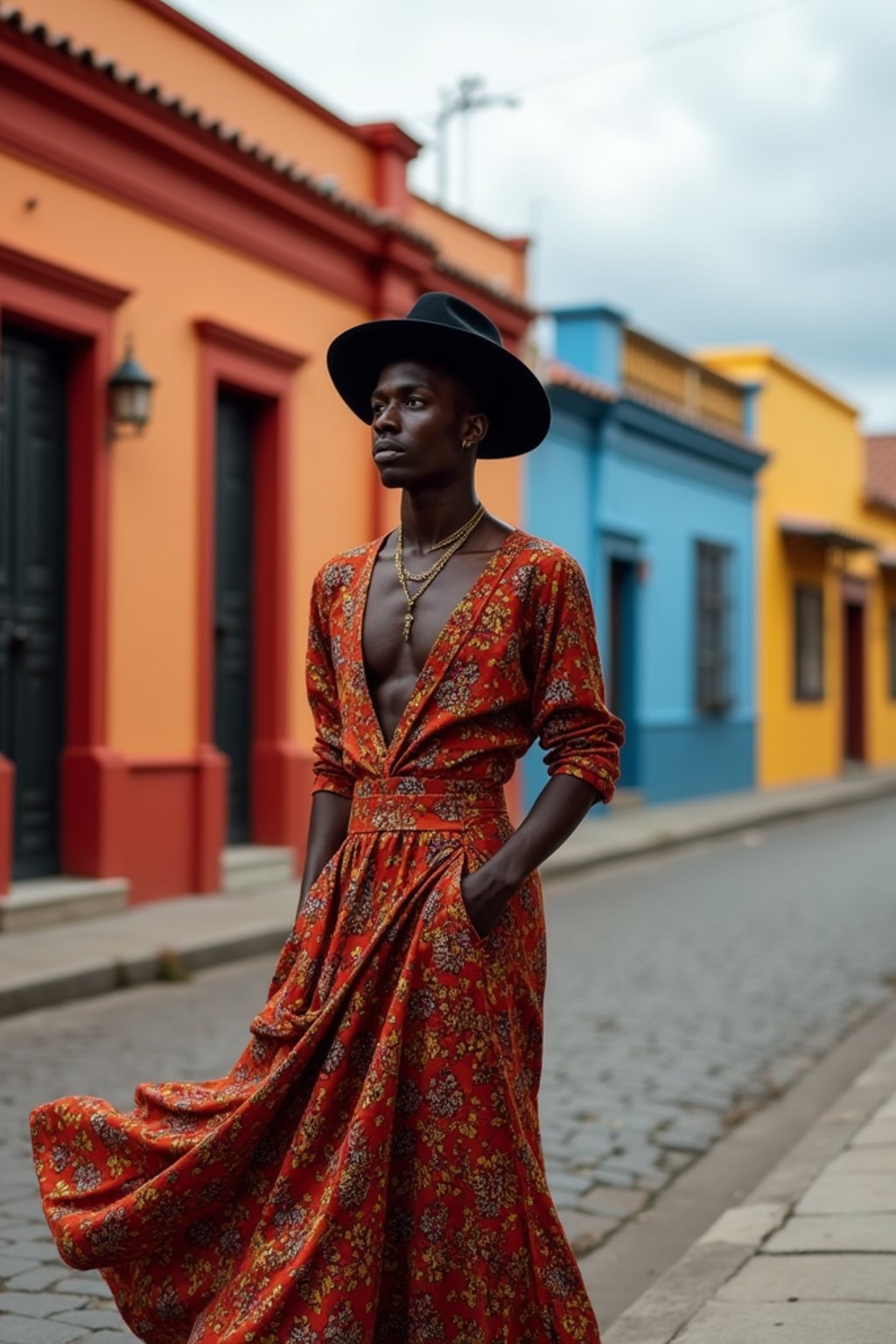 classy and traditional man in Buenos Aires wearing a tango dress/gaucho attire, colorful houses of La Boca neighborhood in the background