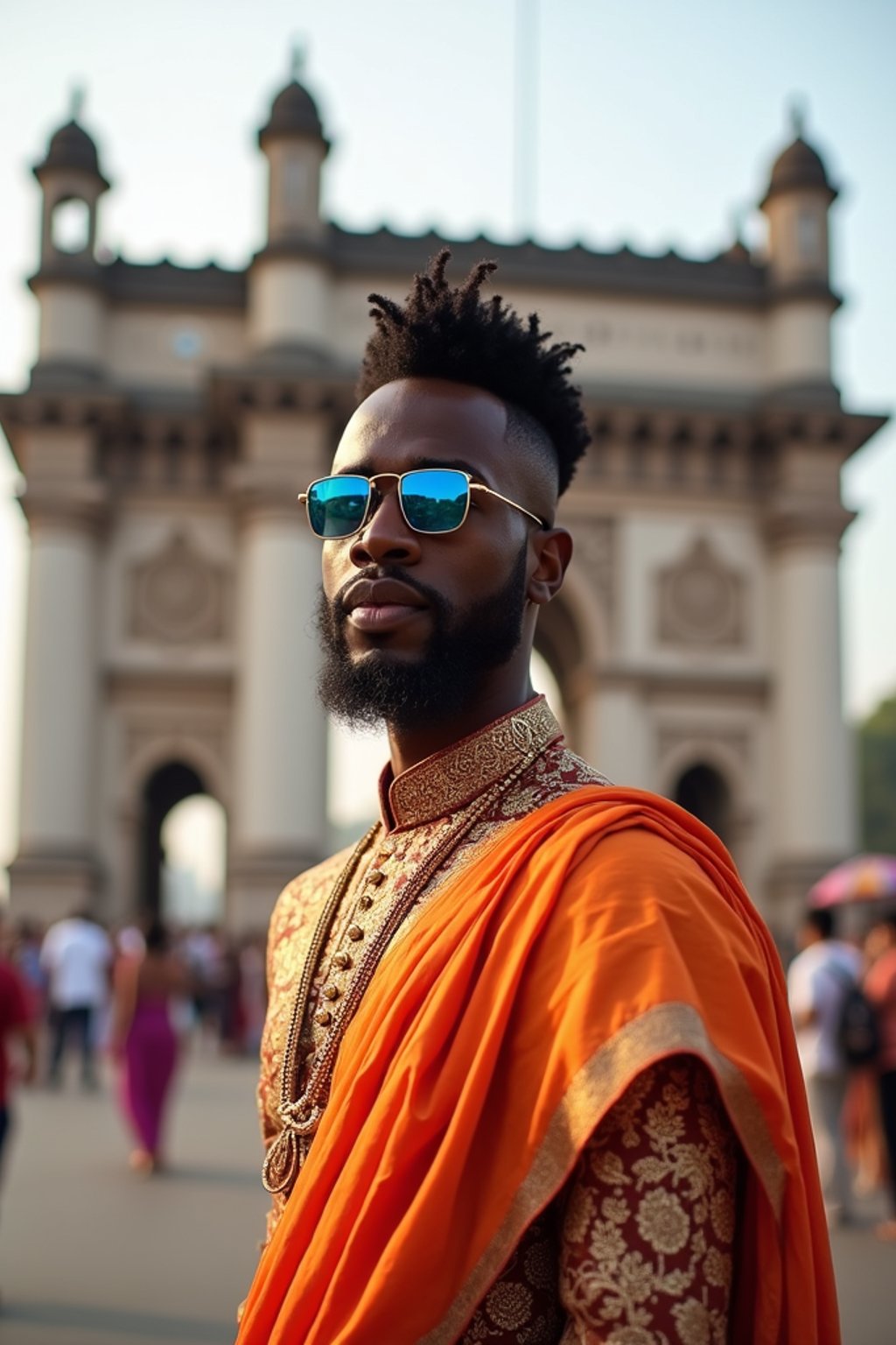 classic and traditional man in Mumbai wearing a vibrant Saree Sherwani, Gateway of India in the background