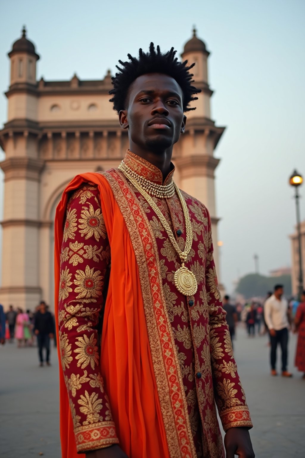 classic and traditional man in Mumbai wearing a vibrant Saree Sherwani, Gateway of India in the background