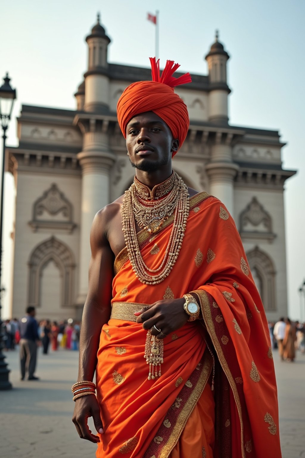 classic and traditional man in Mumbai wearing a vibrant Saree Sherwani, Gateway of India in the background