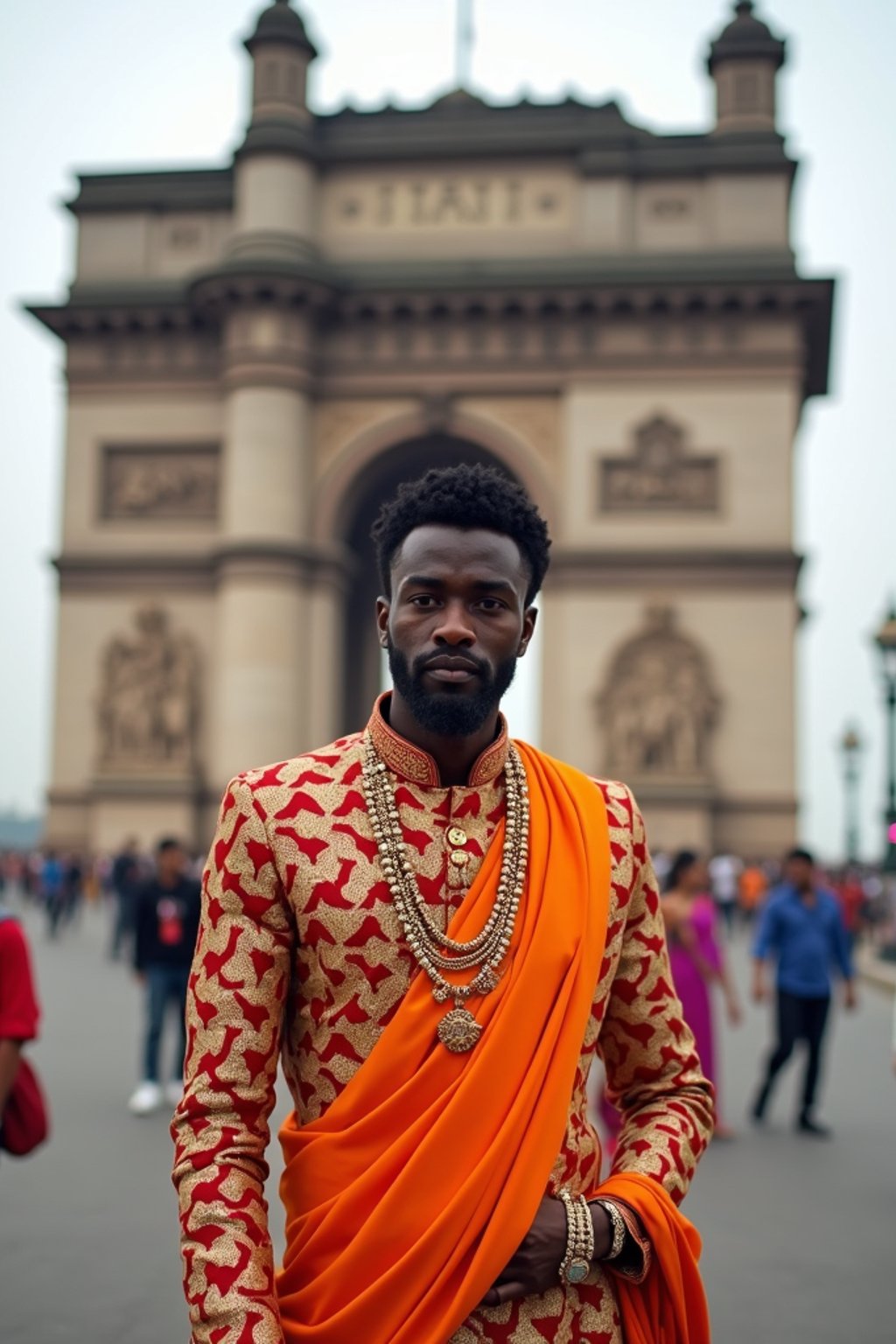 classic and traditional man in Mumbai wearing a vibrant Saree Sherwani, Gateway of India in the background