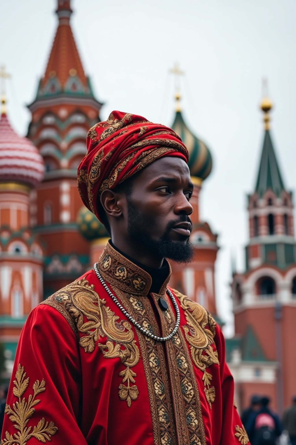 authentic and cultural man in Moscow wearing a traditional sarafan/kosovorotka, Saint Basil's Cathedral in the background