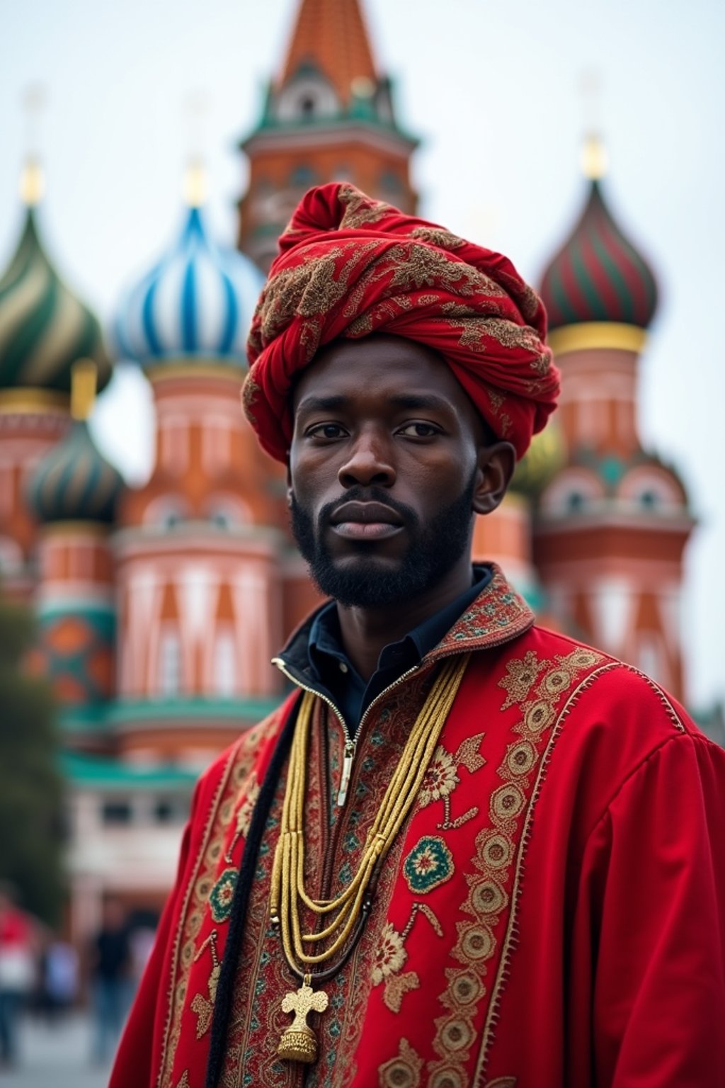 authentic and cultural man in Moscow wearing a traditional sarafan/kosovorotka, Saint Basil's Cathedral in the background