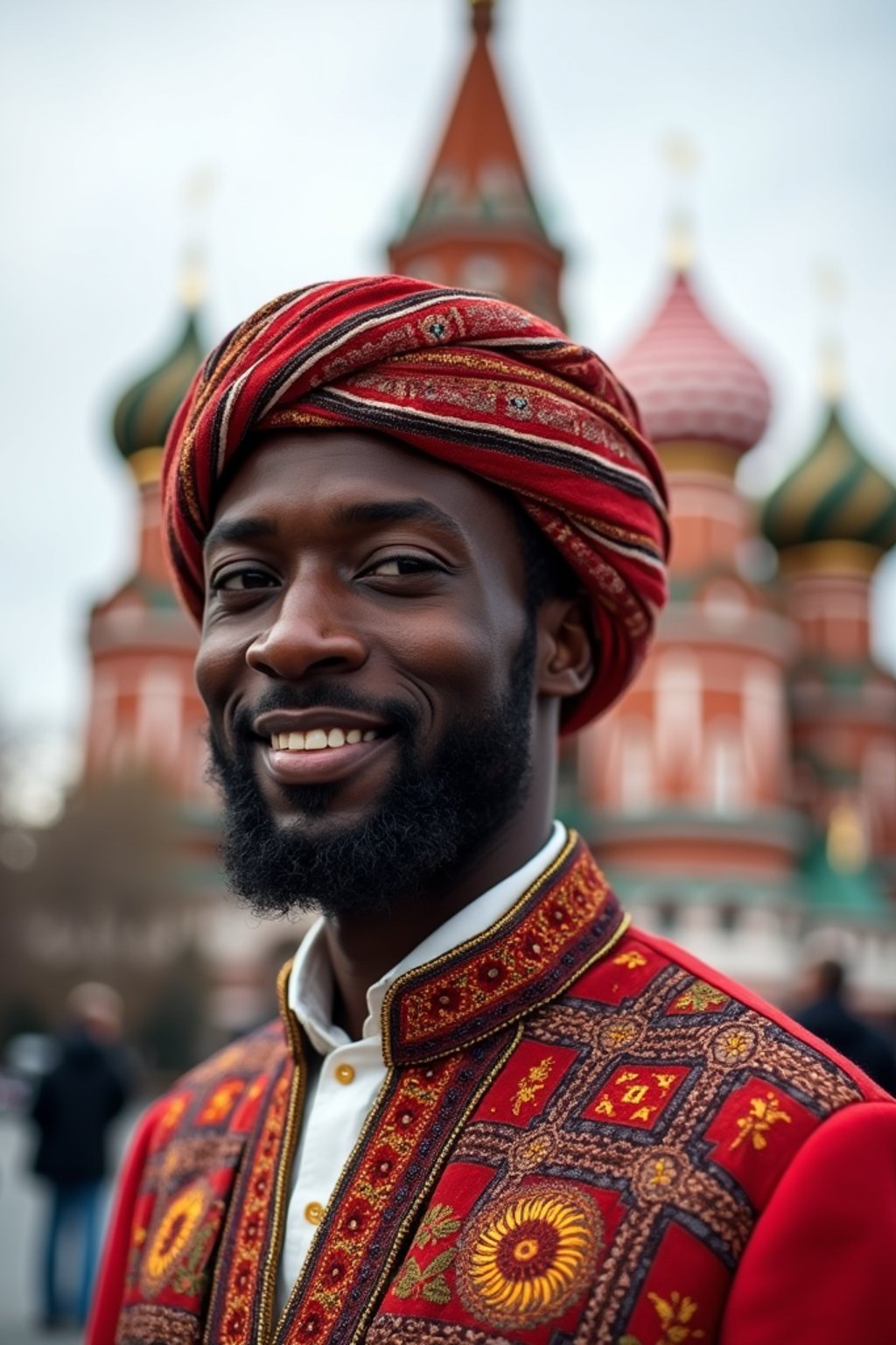 authentic and cultural man in Moscow wearing a traditional sarafan/kosovorotka, Saint Basil's Cathedral in the background