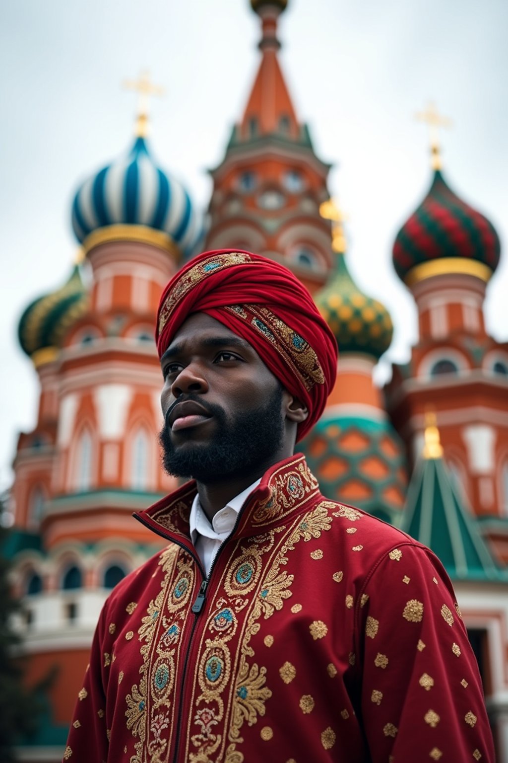 authentic and cultural man in Moscow wearing a traditional sarafan/kosovorotka, Saint Basil's Cathedral in the background