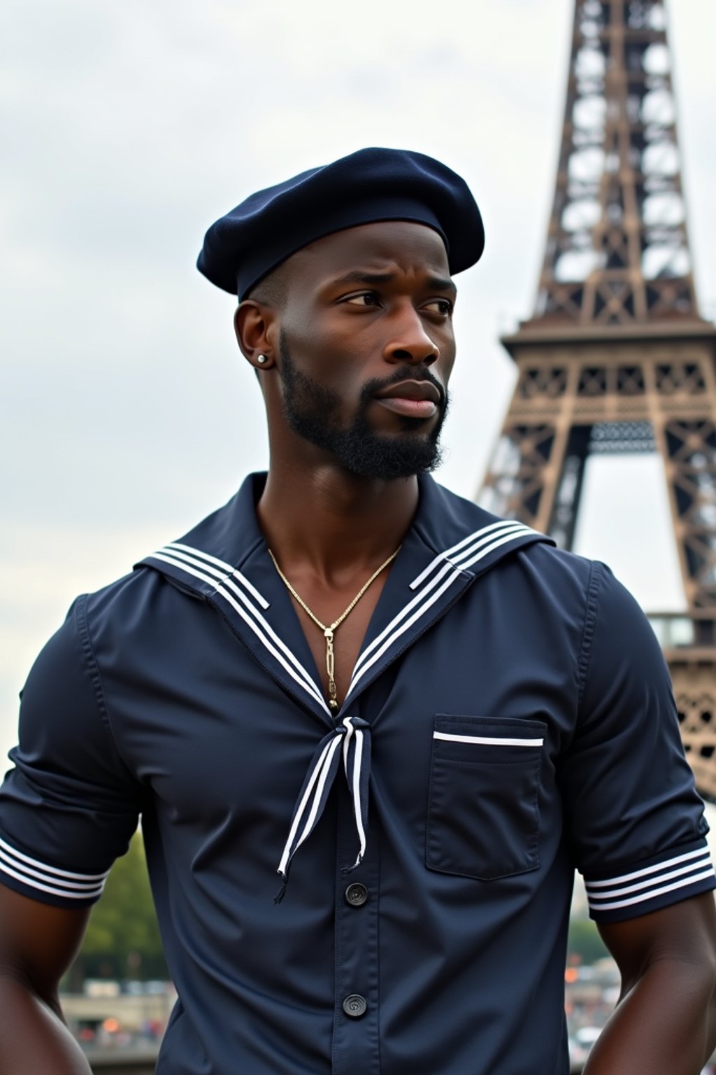 polished and traditional man in Paris wearing a traditional Breton shirt and beret, Eiffel Tower in the background