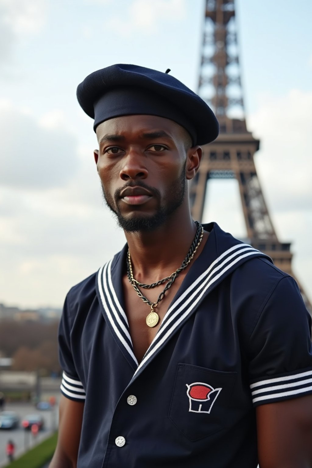 polished and traditional man in Paris wearing a traditional Breton shirt and beret, Eiffel Tower in the background