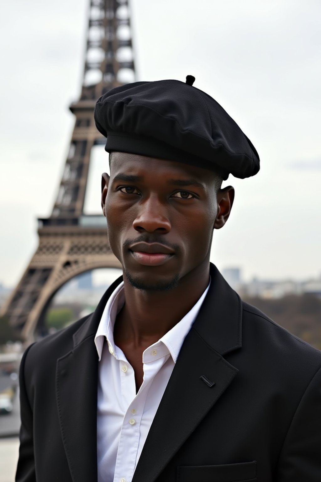 polished and traditional man in Paris wearing a traditional Breton shirt and beret, Eiffel Tower in the background