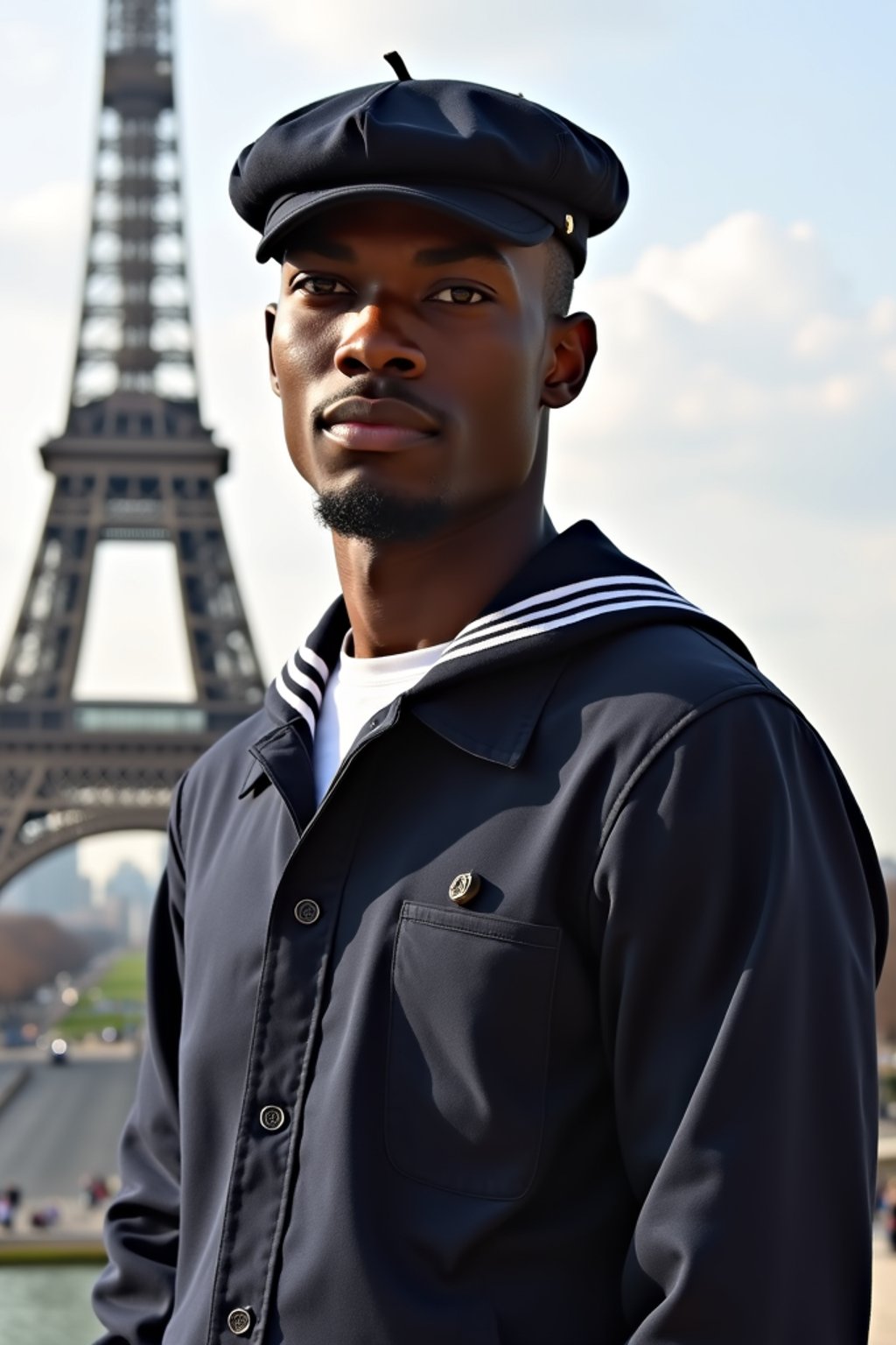 polished and traditional man in Paris wearing a traditional Breton shirt and beret, Eiffel Tower in the background