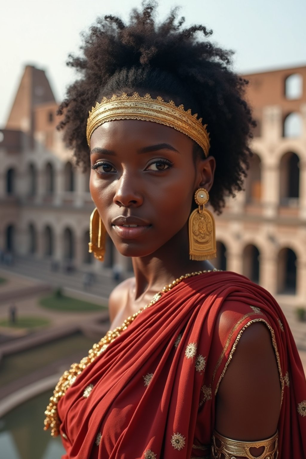 stunning and historical  woman in Rome wearing a traditional Roman stola/toga, Colosseum in the background