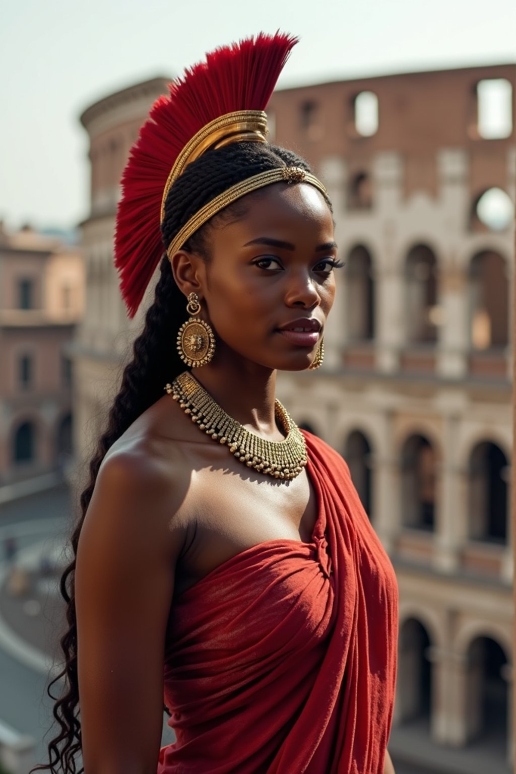 stunning and historical  woman in Rome wearing a traditional Roman stola/toga, Colosseum in the background