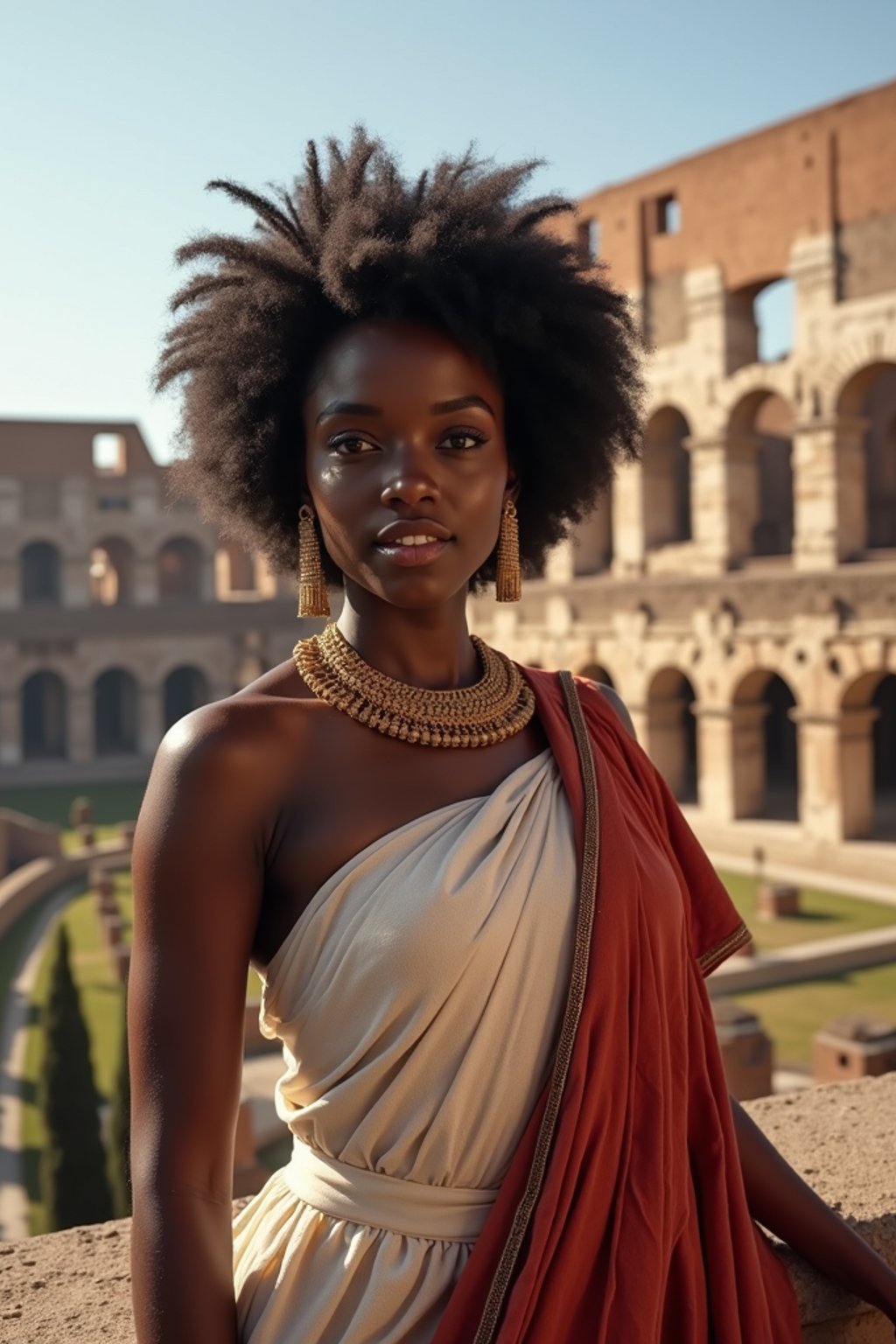 stunning and historical  woman in Rome wearing a traditional Roman stola/toga, Colosseum in the background