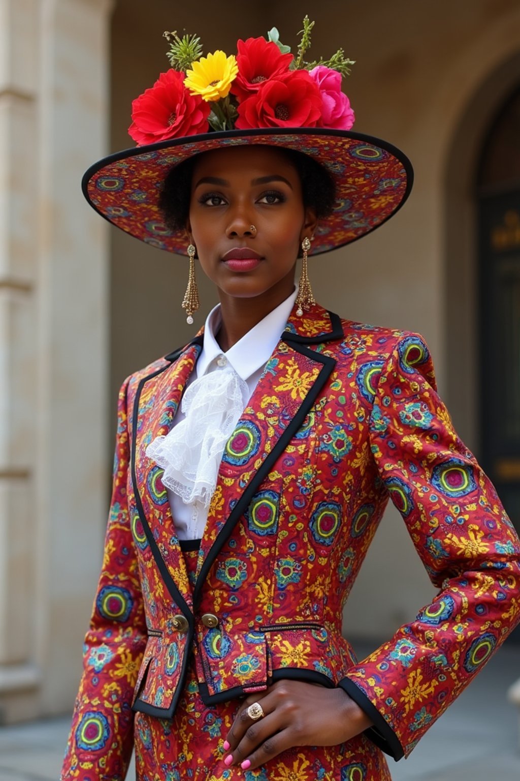 colorful and cultural  woman in Mexico City wearing a traditional charro suit/china poblana, Frida Kahlo Museum in the background