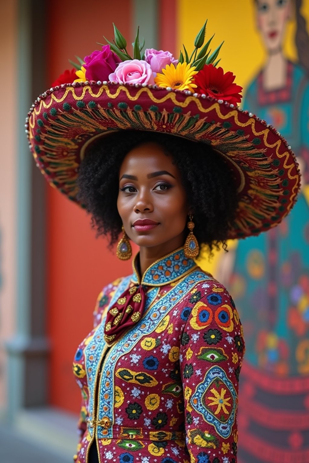 colorful and cultural  woman in Mexico City wearing a traditional charro suit/china poblana, Frida Kahlo Museum in the background