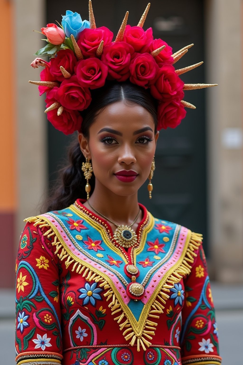 colorful and cultural  woman in Mexico City wearing a traditional charro suit/china poblana, Frida Kahlo Museum in the background