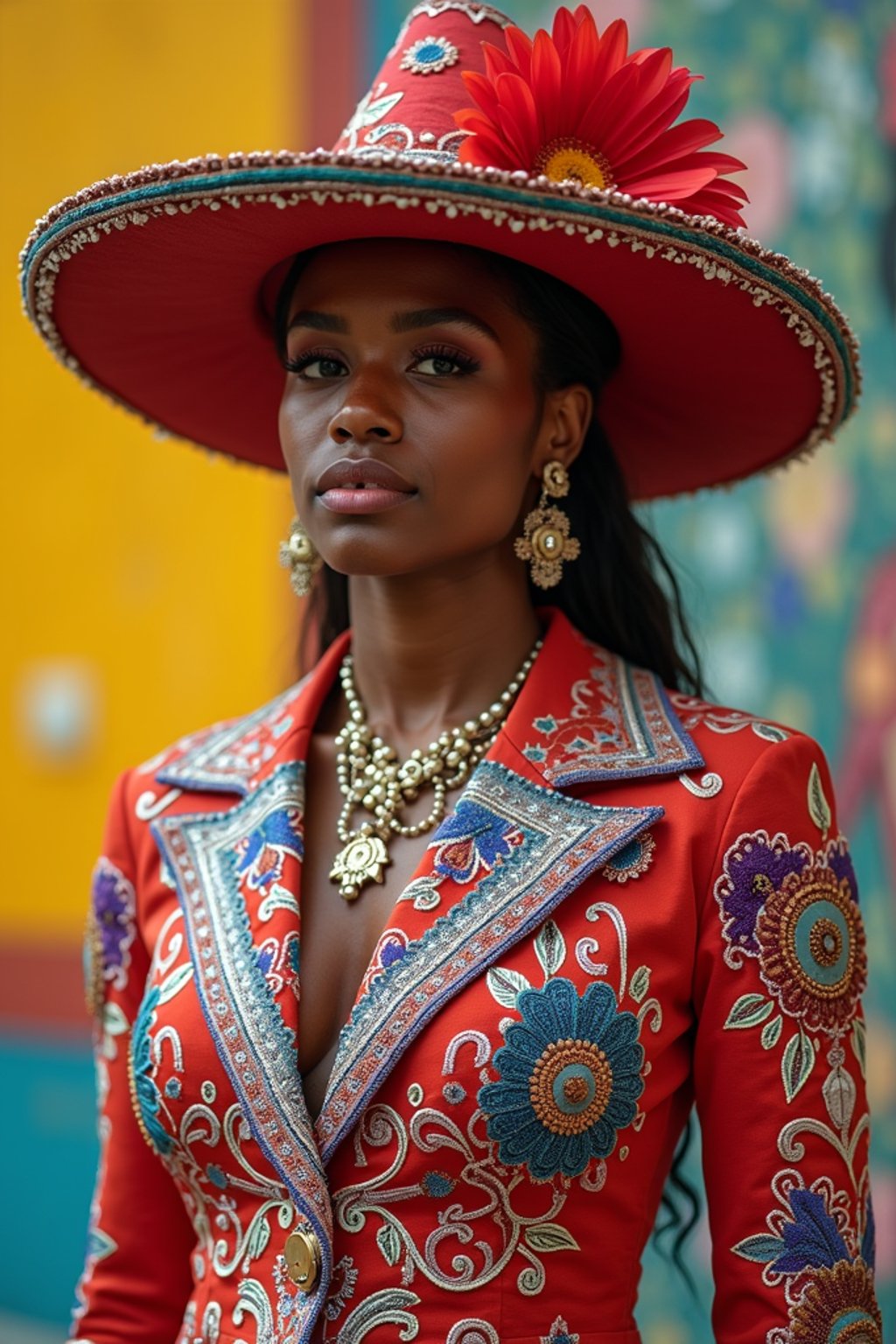 colorful and cultural  woman in Mexico City wearing a traditional charro suit/china poblana, Frida Kahlo Museum in the background