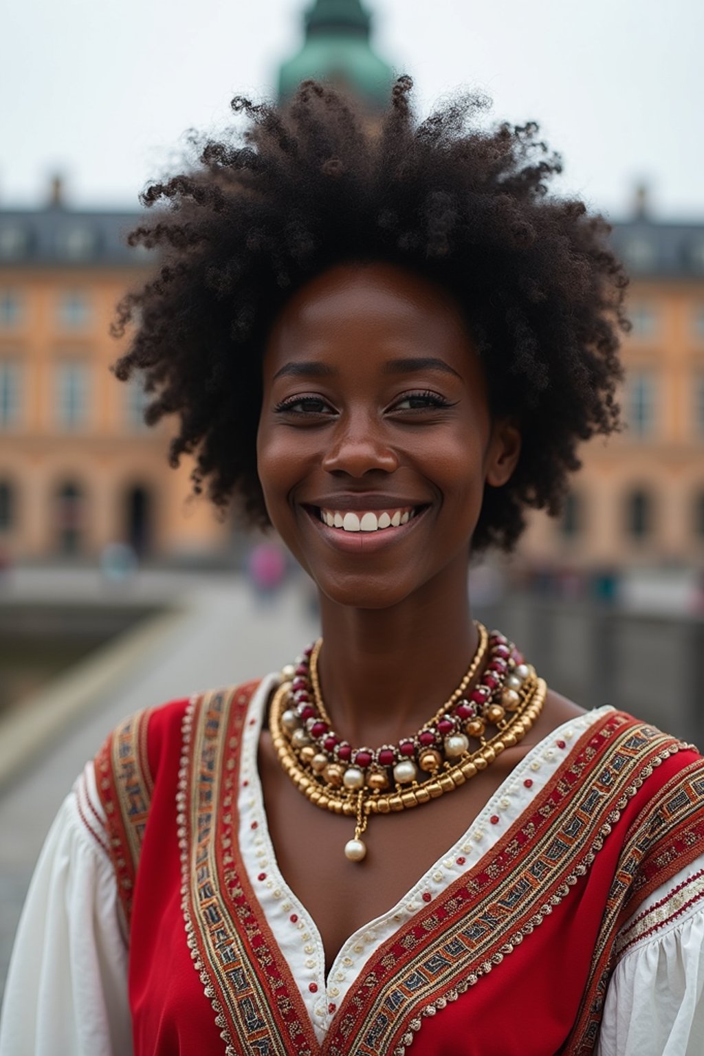 traditional  woman in Stockholm wearing a Swedish folkdräkt, Stockholm Palace in the background