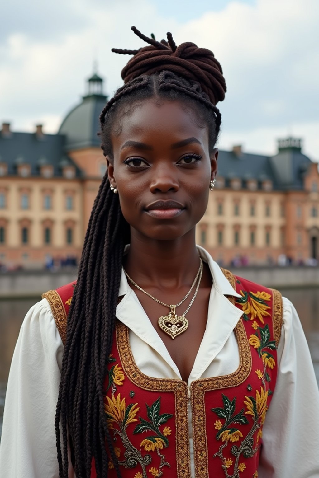 traditional  woman in Stockholm wearing a Swedish folkdräkt, Stockholm Palace in the background