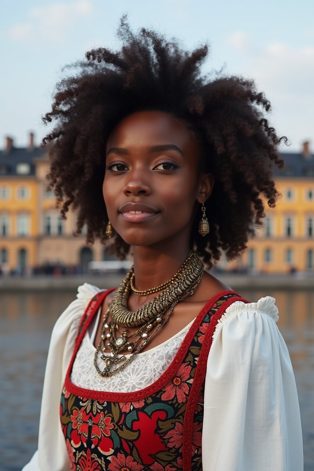 traditional  woman in Stockholm wearing a Swedish folkdräkt, Stockholm Palace in the background