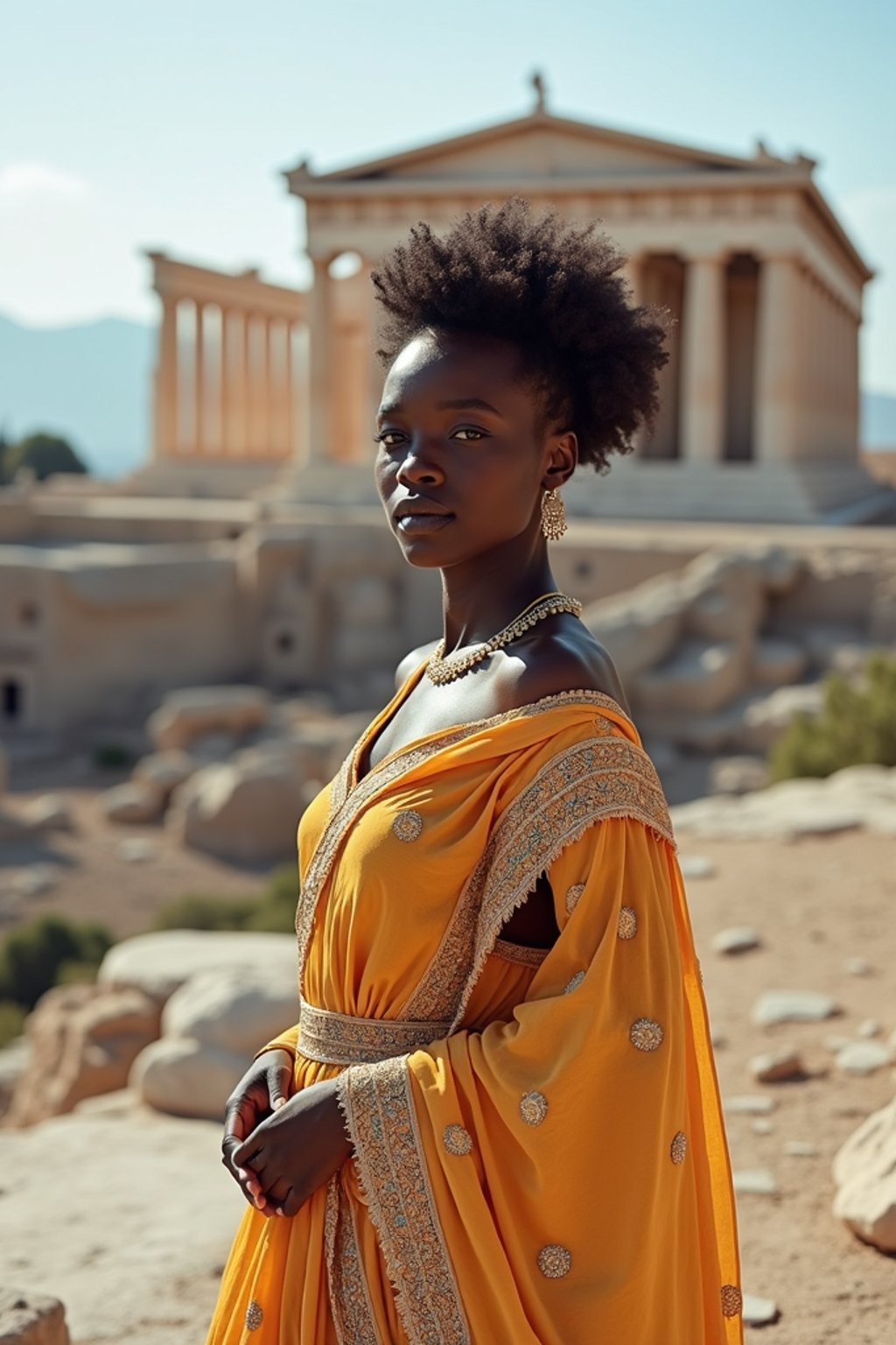 graceful and striking  woman in Athens wearing a traditional Evzone uniform/Amalia dress, Parthenon in the background