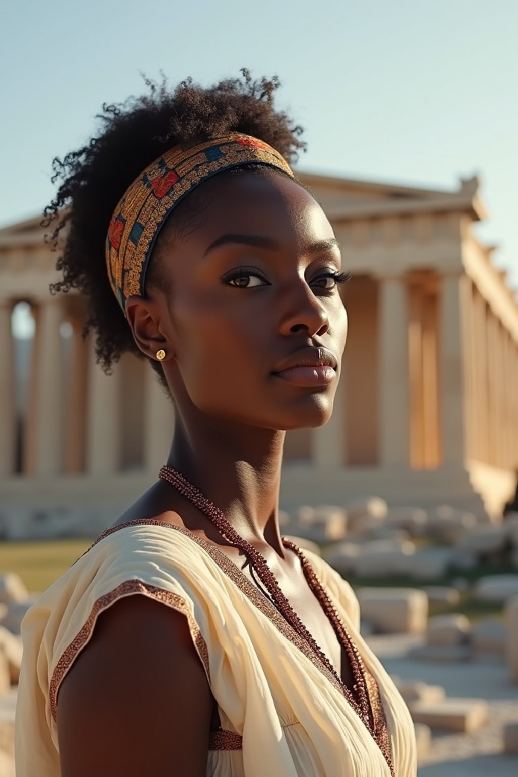 graceful and striking  woman in Athens wearing a traditional Evzone uniform/Amalia dress, Parthenon in the background