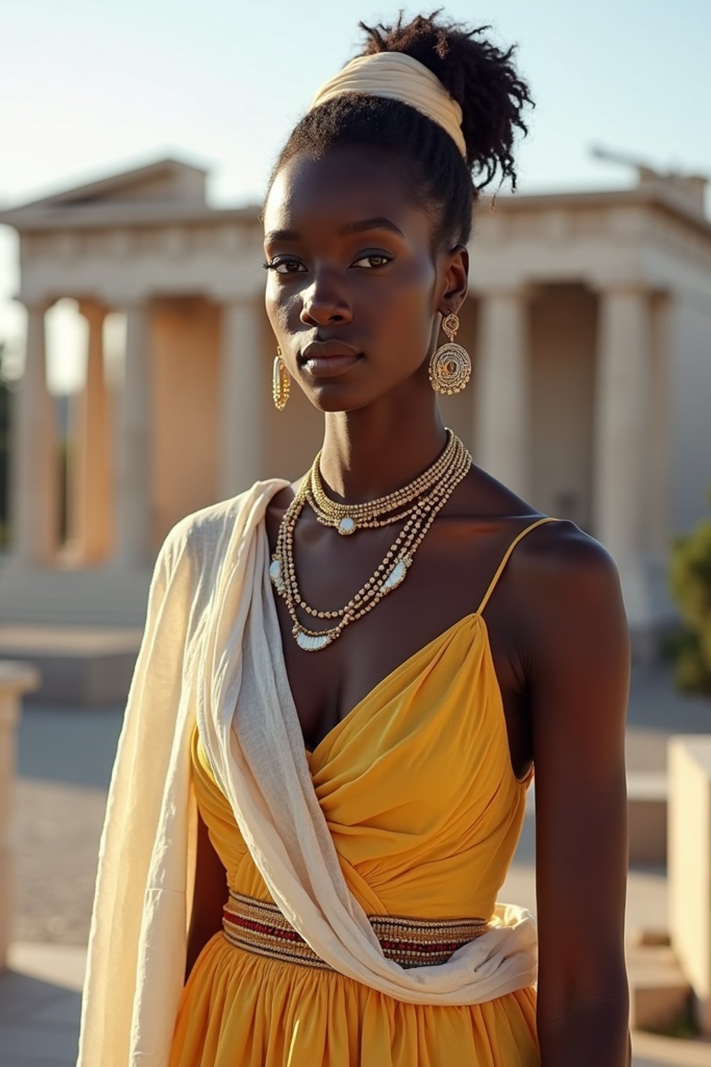 graceful and striking  woman in Athens wearing a traditional Evzone uniform/Amalia dress, Parthenon in the background