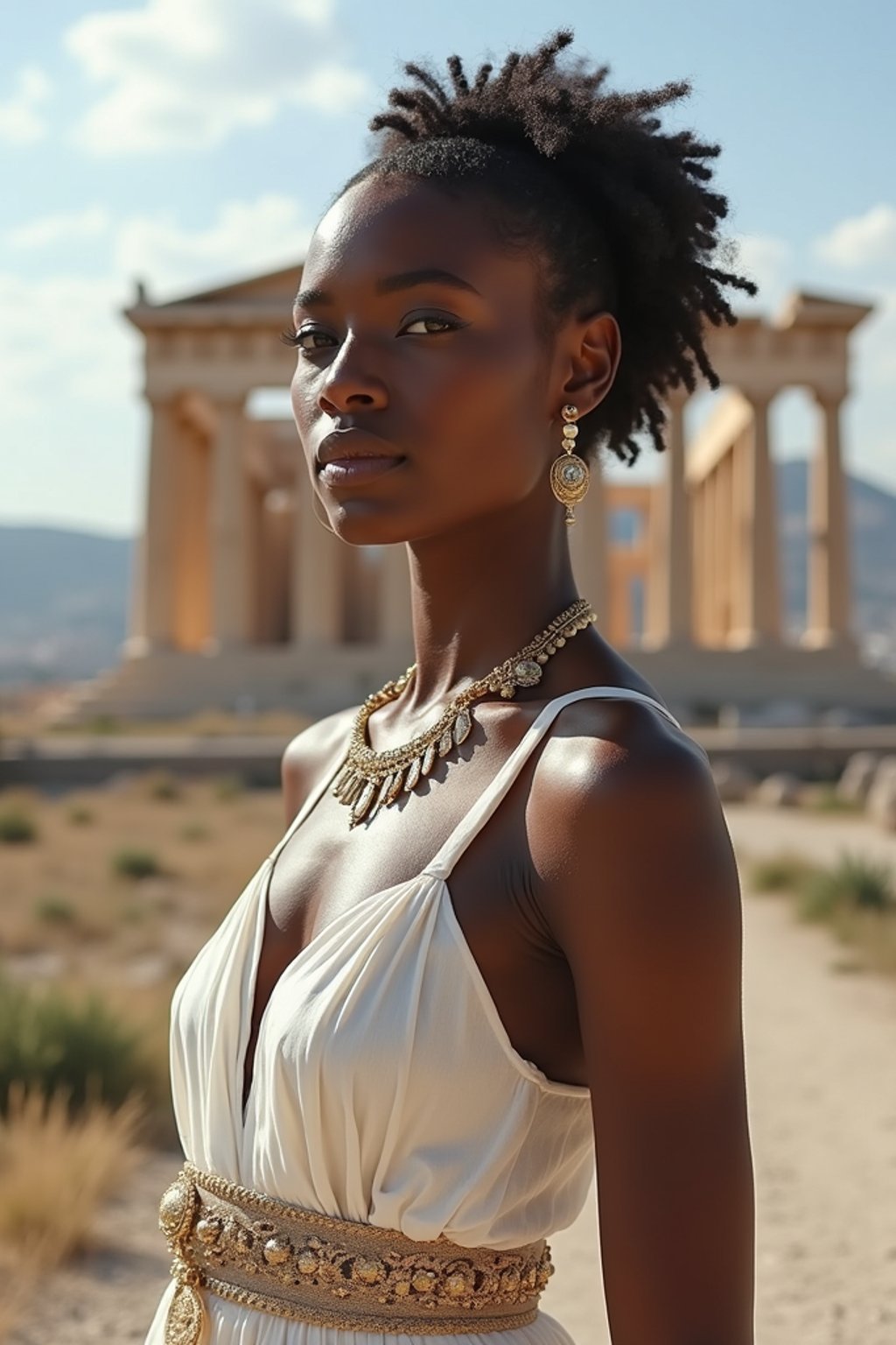 graceful and striking  woman in Athens wearing a traditional Evzone uniform/Amalia dress, Parthenon in the background