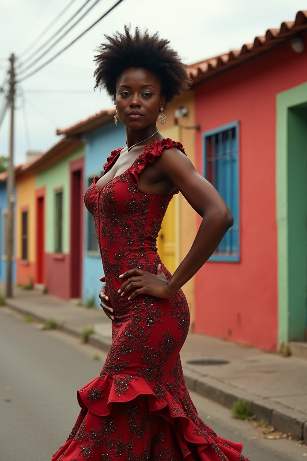 exquisite and traditional  woman in Buenos Aires wearing a tango dress/gaucho attire, colorful houses of La Boca neighborhood in the background