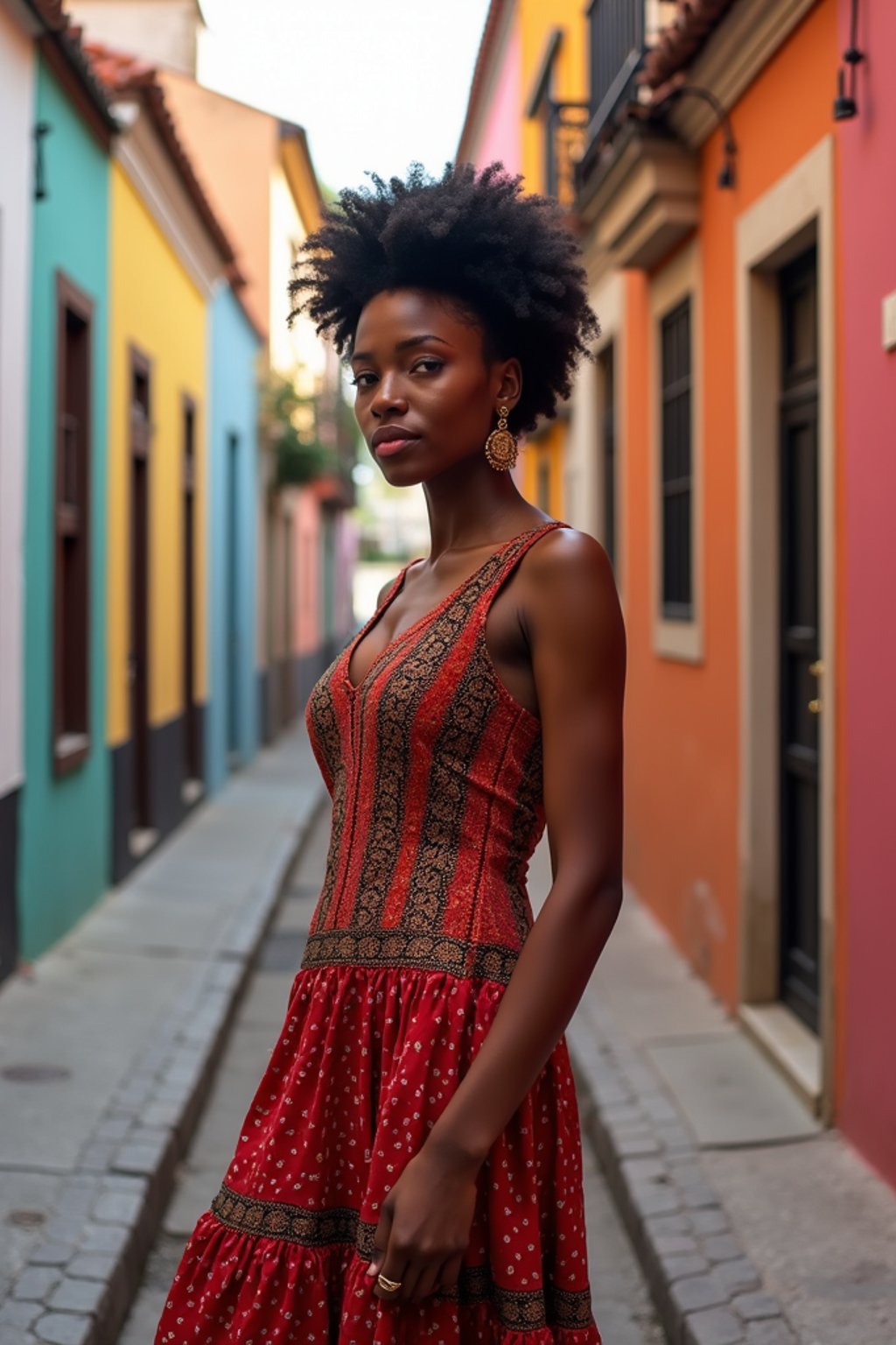 exquisite and traditional  woman in Buenos Aires wearing a tango dress/gaucho attire, colorful houses of La Boca neighborhood in the background