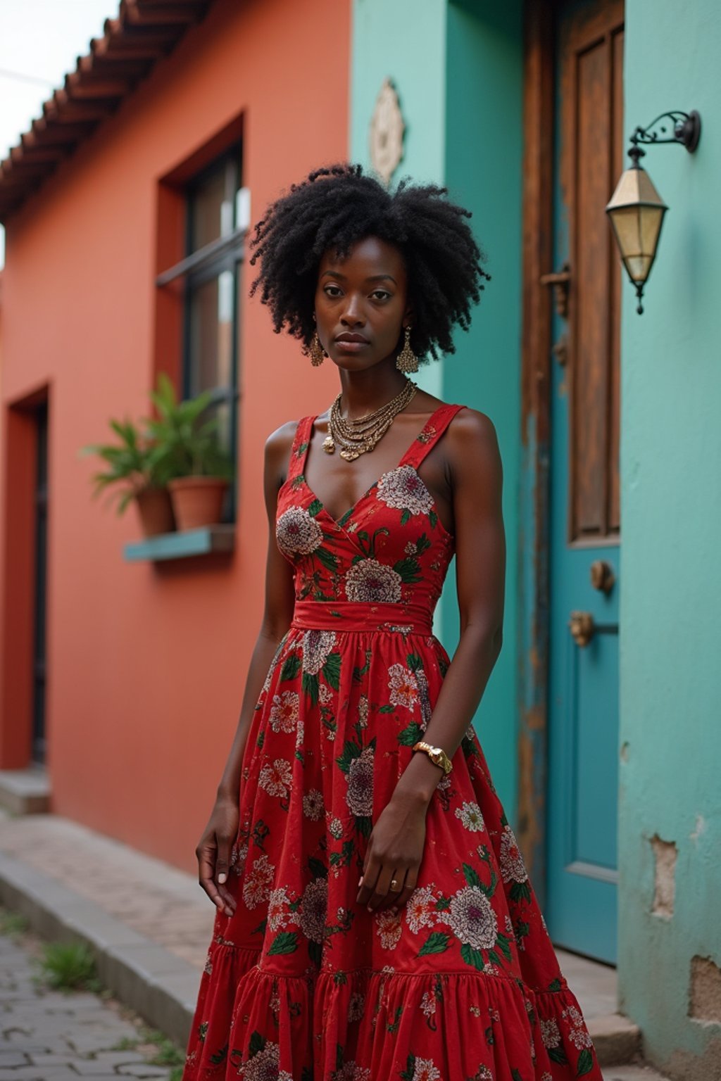 exquisite and traditional  woman in Buenos Aires wearing a tango dress/gaucho attire, colorful houses of La Boca neighborhood in the background