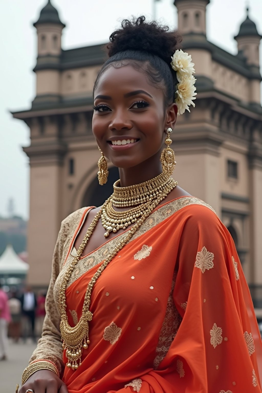 glamorous and traditional  woman in Mumbai wearing a vibrant Saree Sherwani, Gateway of India in the background