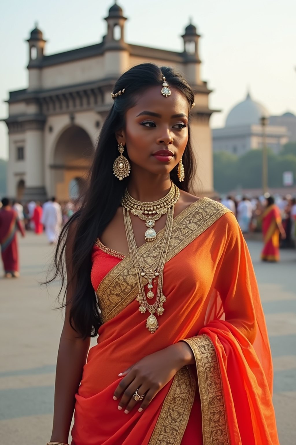 glamorous and traditional  woman in Mumbai wearing a vibrant Saree Sherwani, Gateway of India in the background