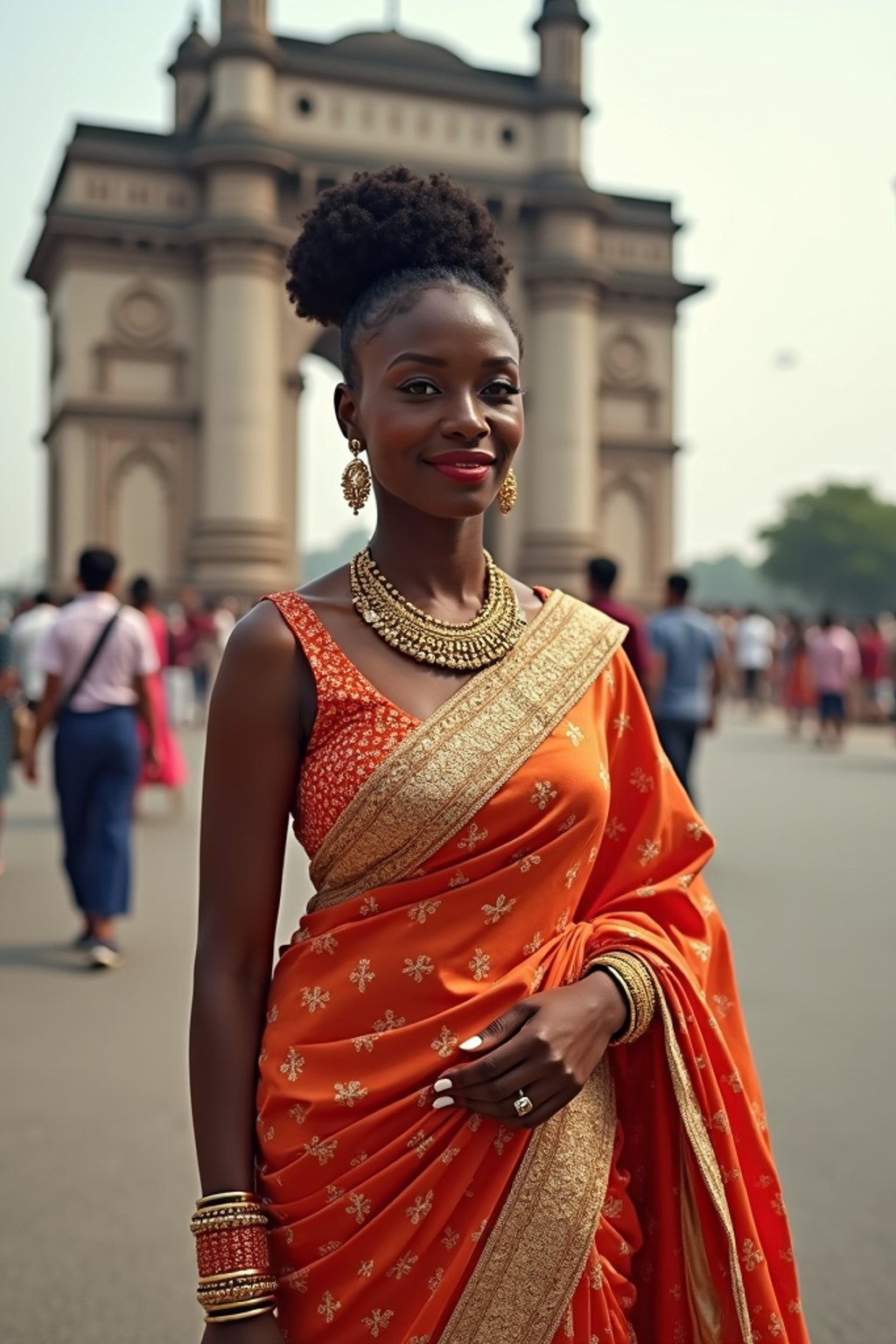 glamorous and traditional  woman in Mumbai wearing a vibrant Saree Sherwani, Gateway of India in the background