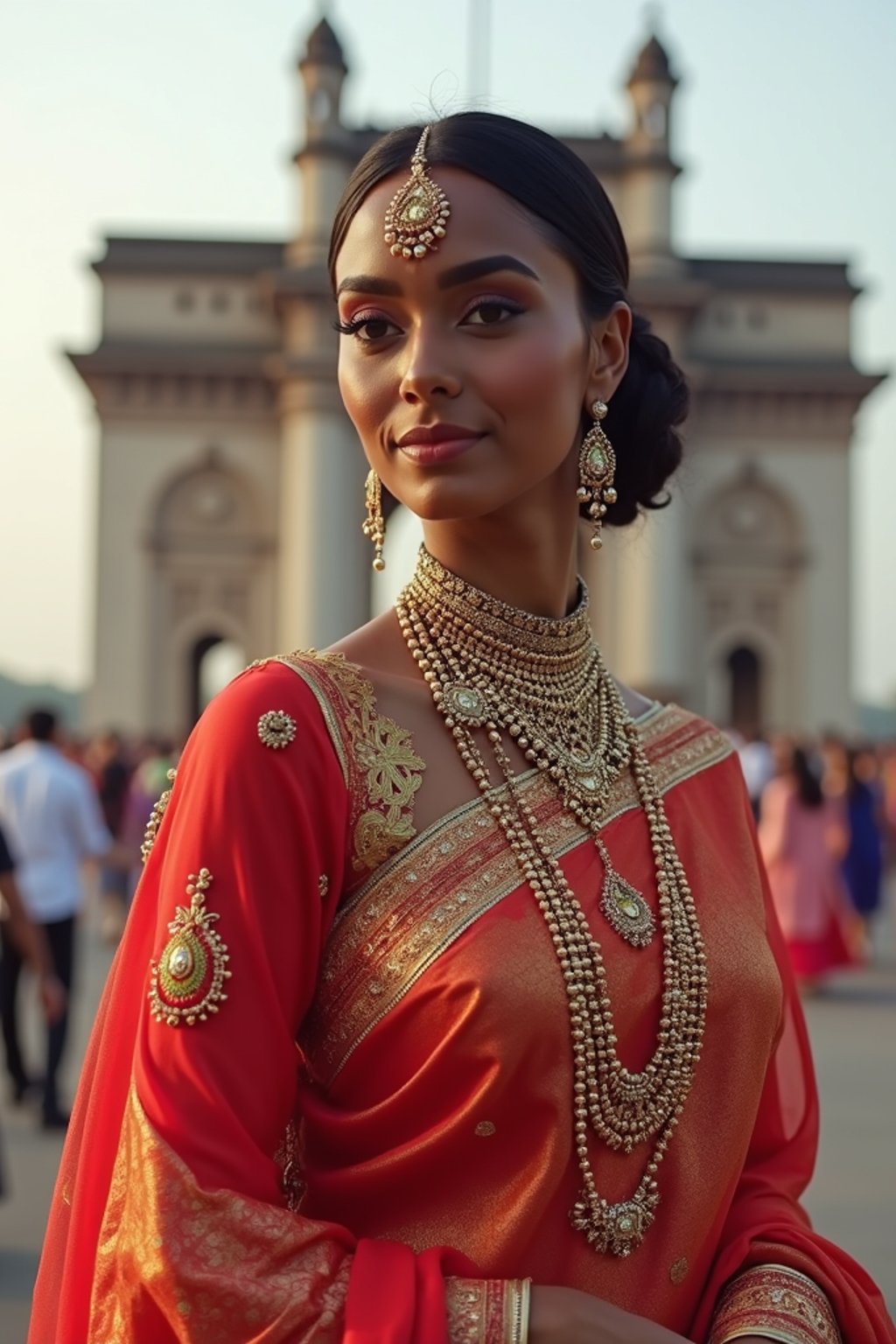 glamorous and traditional  woman in Mumbai wearing a vibrant Saree Sherwani, Gateway of India in the background