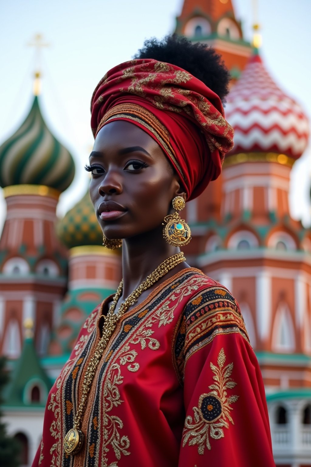 lovely and cultural  woman in Moscow wearing a traditional sarafan/kosovorotka, Saint Basil's Cathedral in the background