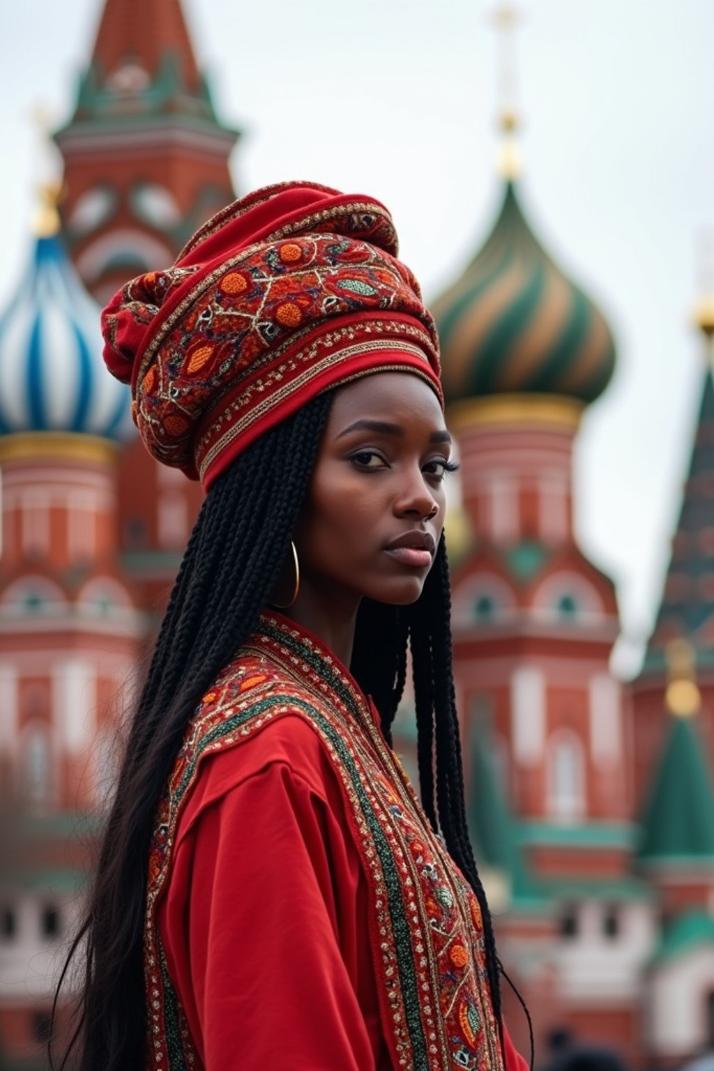 lovely and cultural  woman in Moscow wearing a traditional sarafan/kosovorotka, Saint Basil's Cathedral in the background