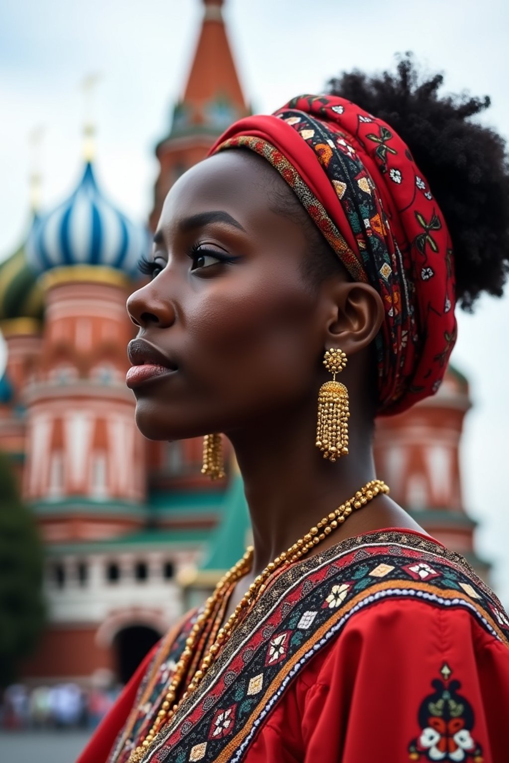 lovely and cultural  woman in Moscow wearing a traditional sarafan/kosovorotka, Saint Basil's Cathedral in the background