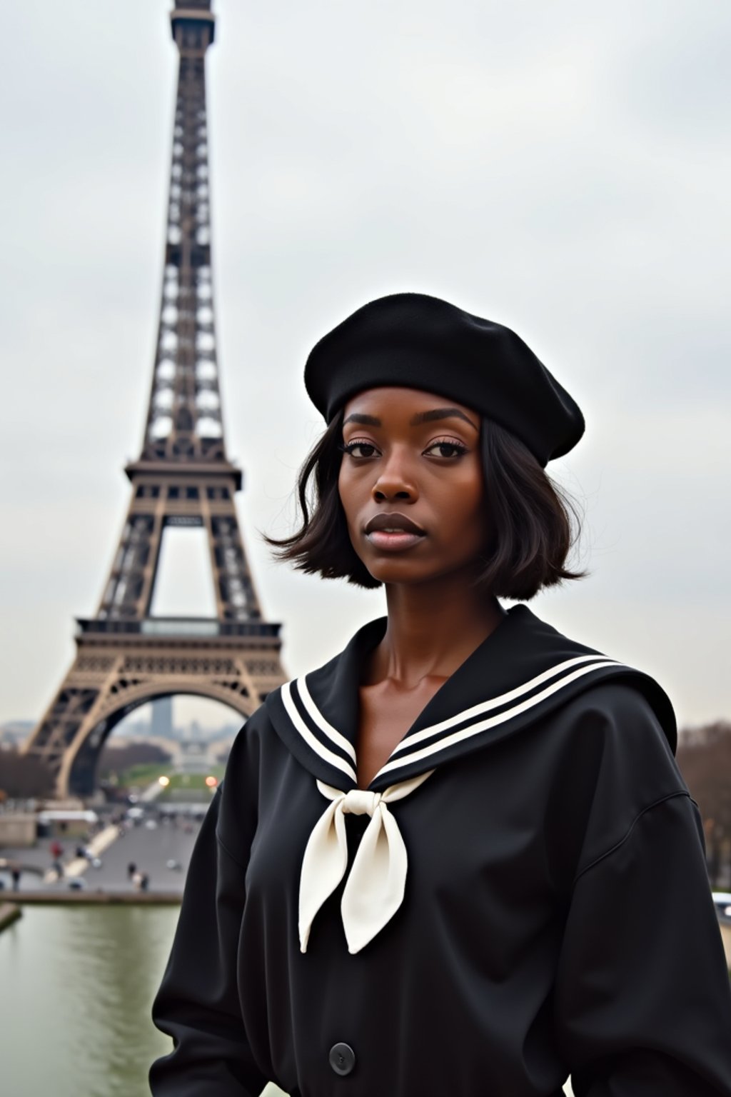 stylish and sophisticated  woman in Paris wearing a traditional Breton shirt and beret, Eiffel Tower in the background