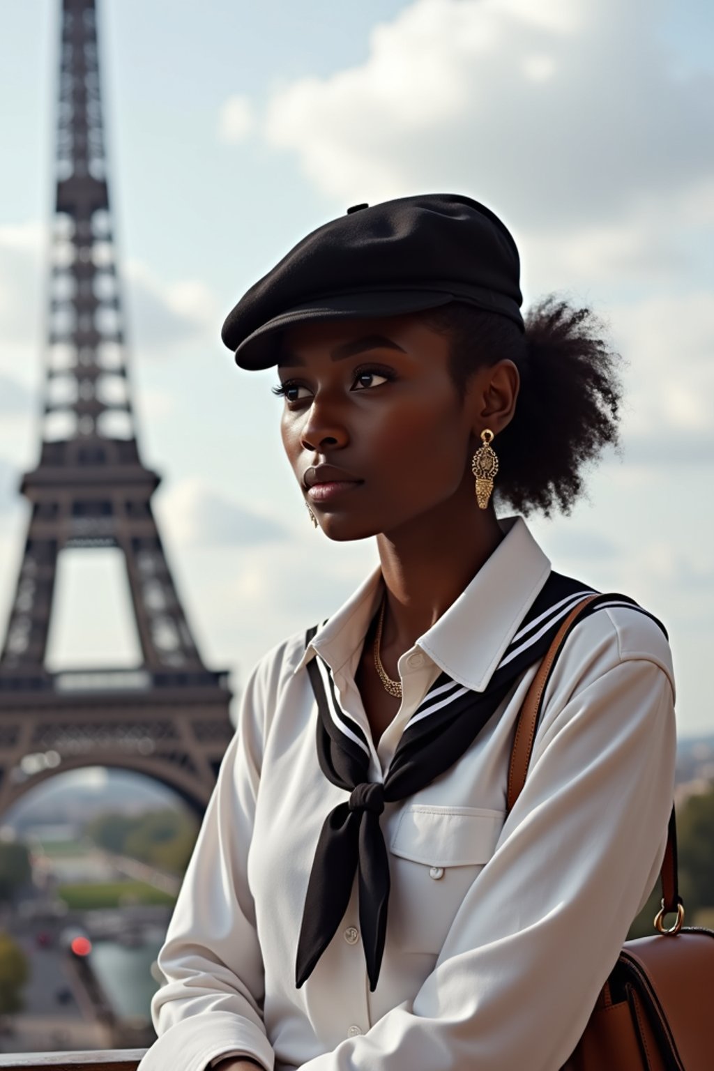 stylish and sophisticated  woman in Paris wearing a traditional Breton shirt and beret, Eiffel Tower in the background